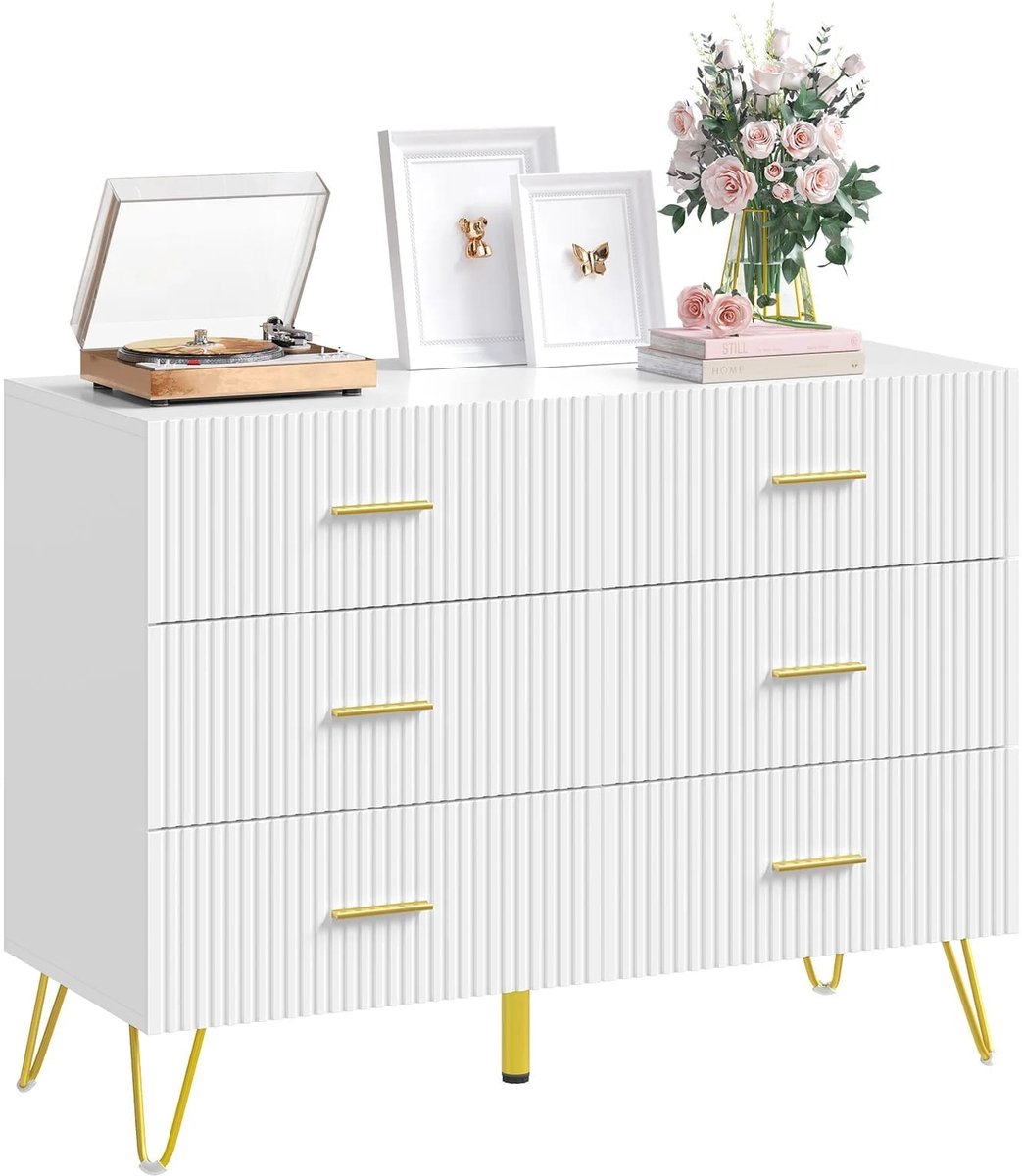Klarven® Ladekast Slaapkamer - Ladekast Wit - Gouden Ladekast - 6 Laden, Gouden Voetjes - Ruime Opbergkast, Elegant Design - Chest of Drawers - B100xh75xd40cm