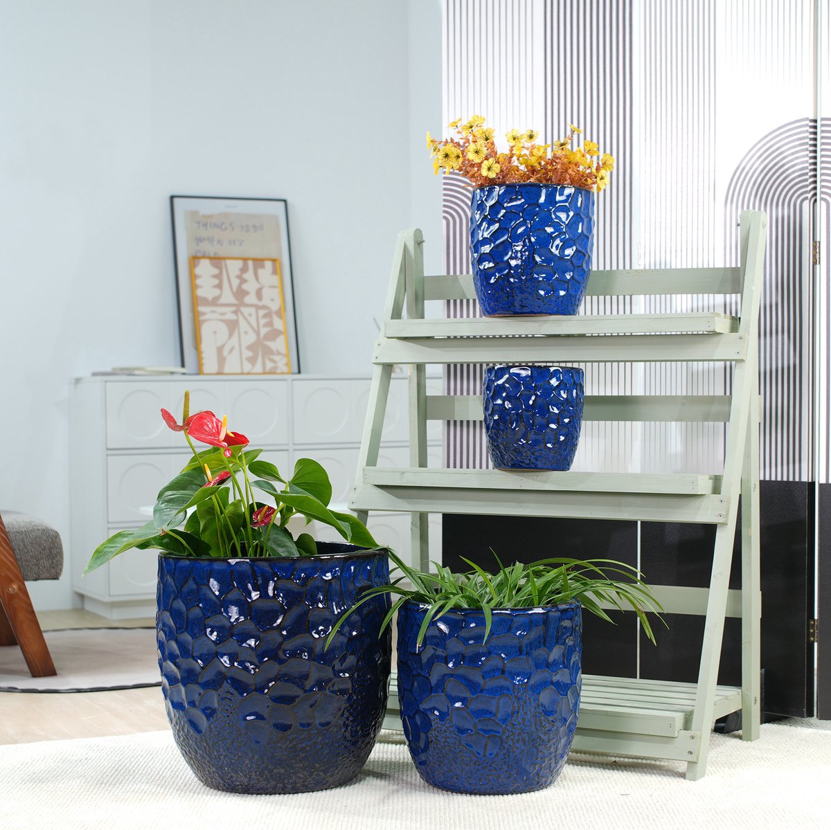 Bloempotset – 4-Delig Met Afwateringsgaten – 38/30/22,5/18 cm – Keramiek – Donkerblauw – Binnen en Buiten