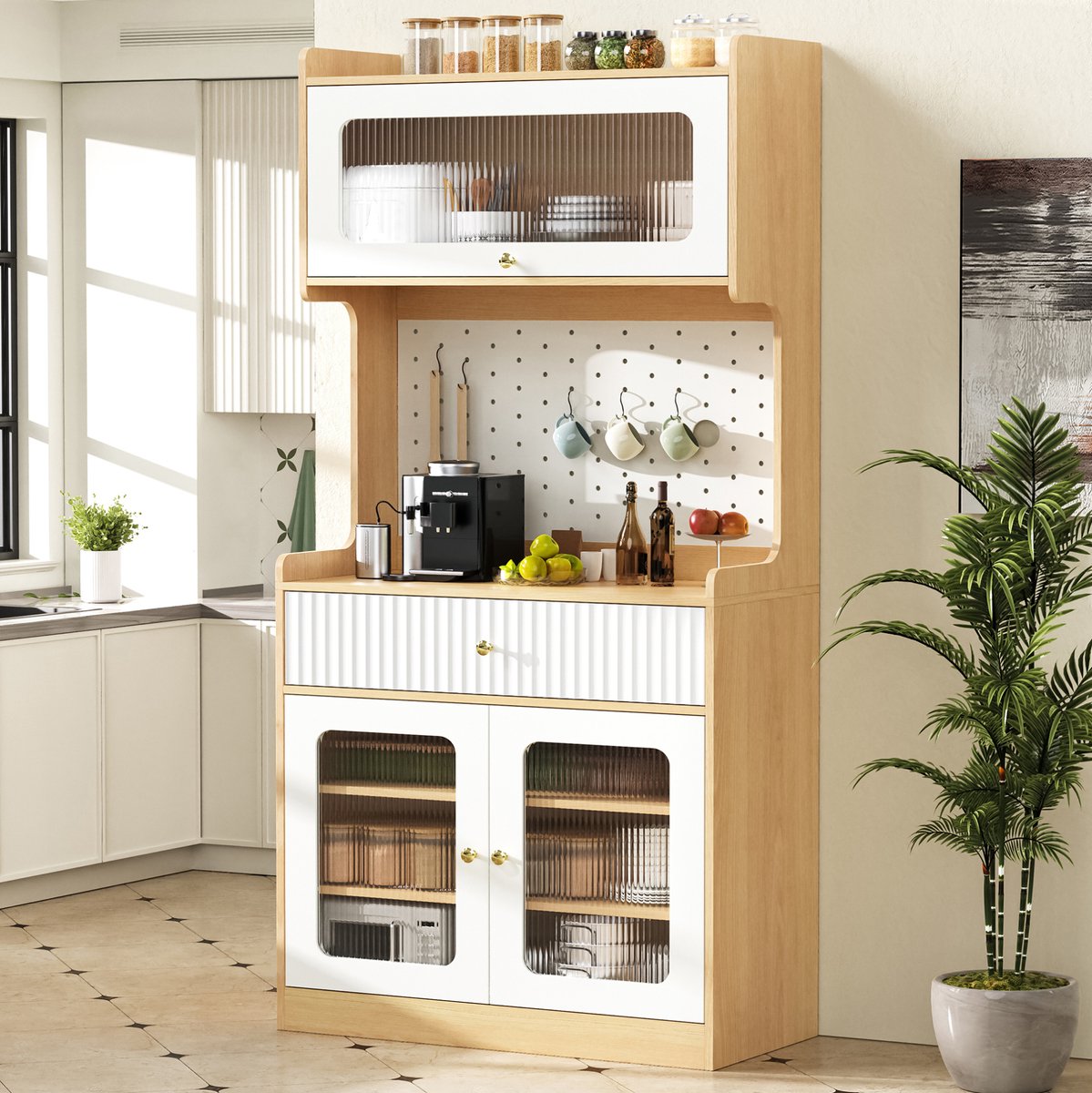 DESMIU Keukenkast - Hoogboard Met LED, Lade En Verstelbare Legplanken - Voor Keuken, Eetkamer En Woonkamer - MDF En PB - 80x40x180 Cm - Naturel Wit