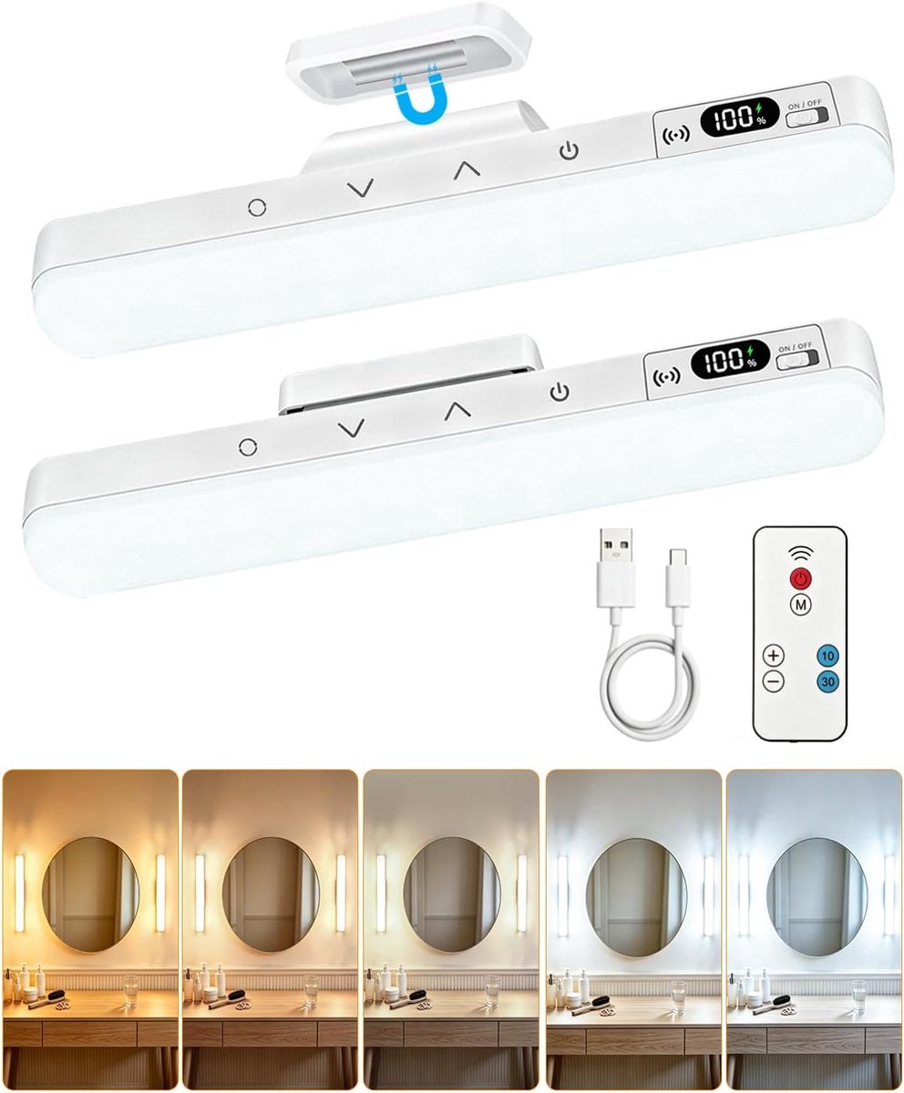 Draadloze Spiegelverlichting met LED, Oplaadbare Make-up Lampen voor Spiegel, 6W met 5 Kleurtemperaturen en Traploos Dimbaar, Touch- en Afstandsbediening, Magnetisch & Zelfklevend, 2 Stuks