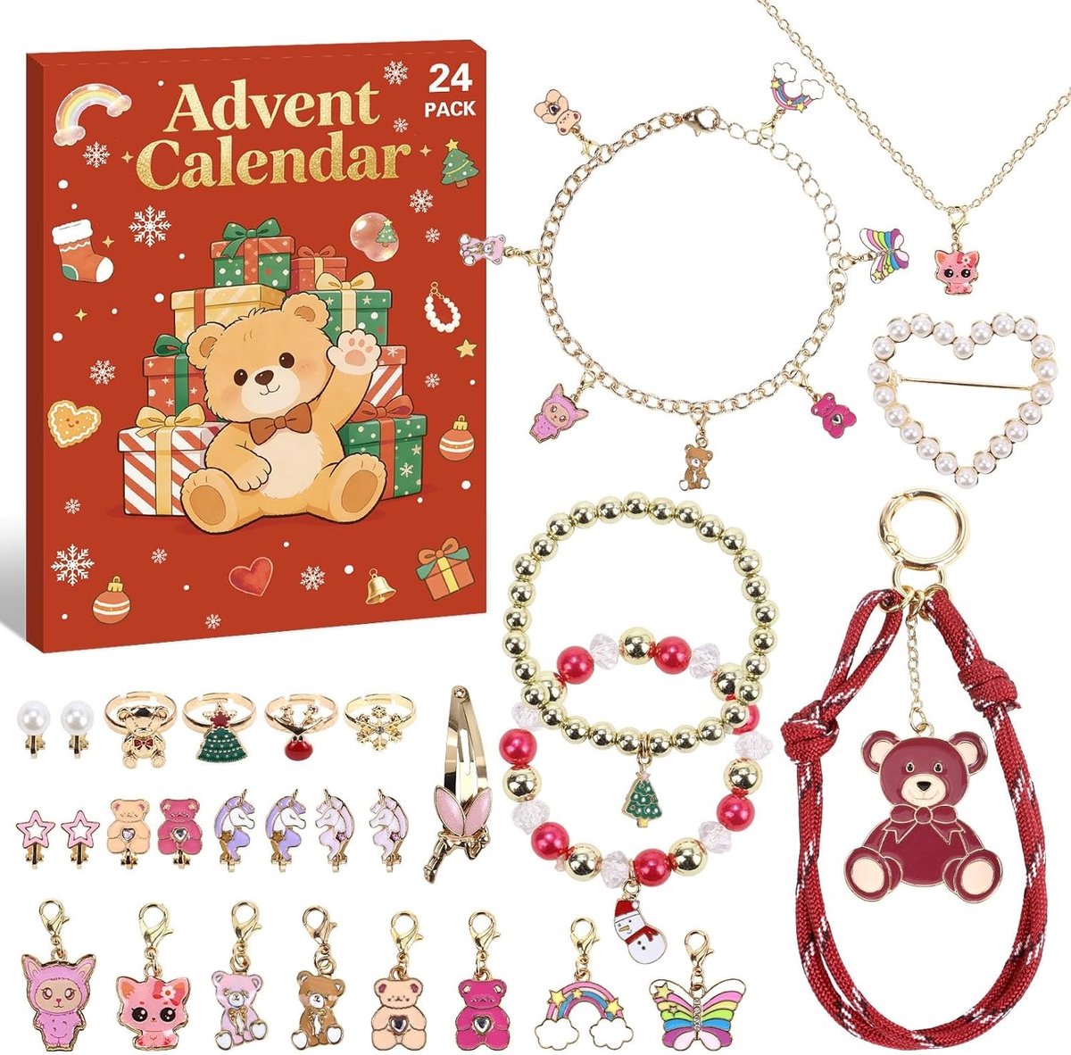 Adventskalender - Roze - 24-delig - Sieraden met Aardbeienbeer-thema - Voor Meisjes en Tieners