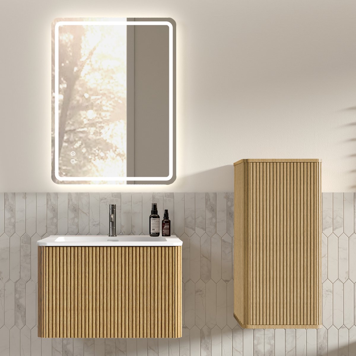 DESMIU Badkamerkast - Badmeubel Set Met Led Spiegel En Wasbak Met Onderkast - Wandhangend Voor Kleine Badkamers - MDF - 61x46,5x37 Cm - Eikenkleur