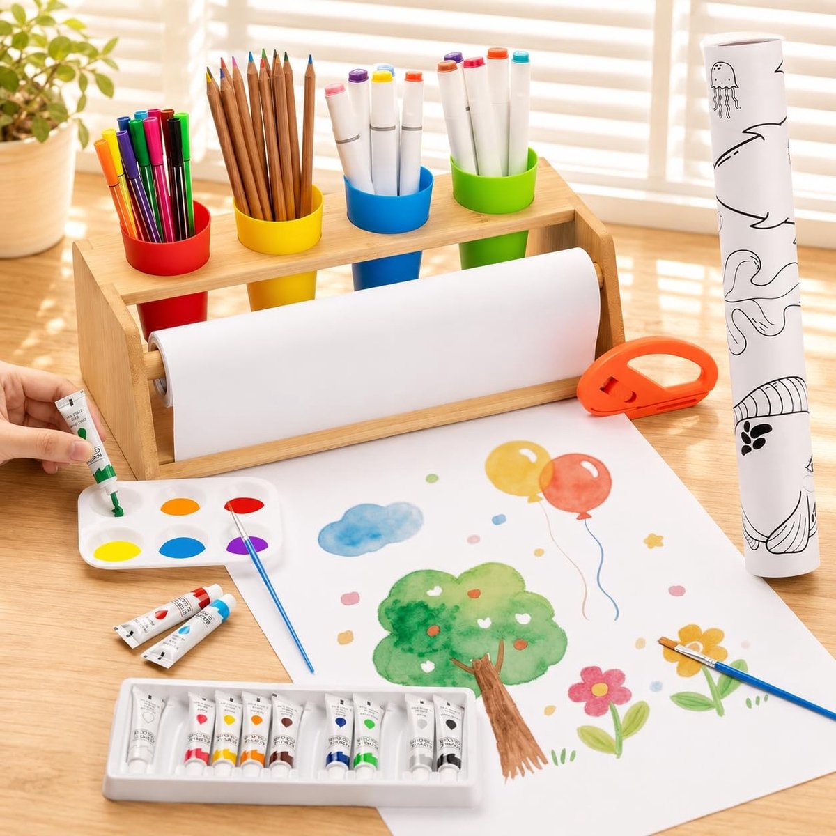 Elzusha - Houten Papierrolhouder met 35-Kleurenset voor Kinderen
