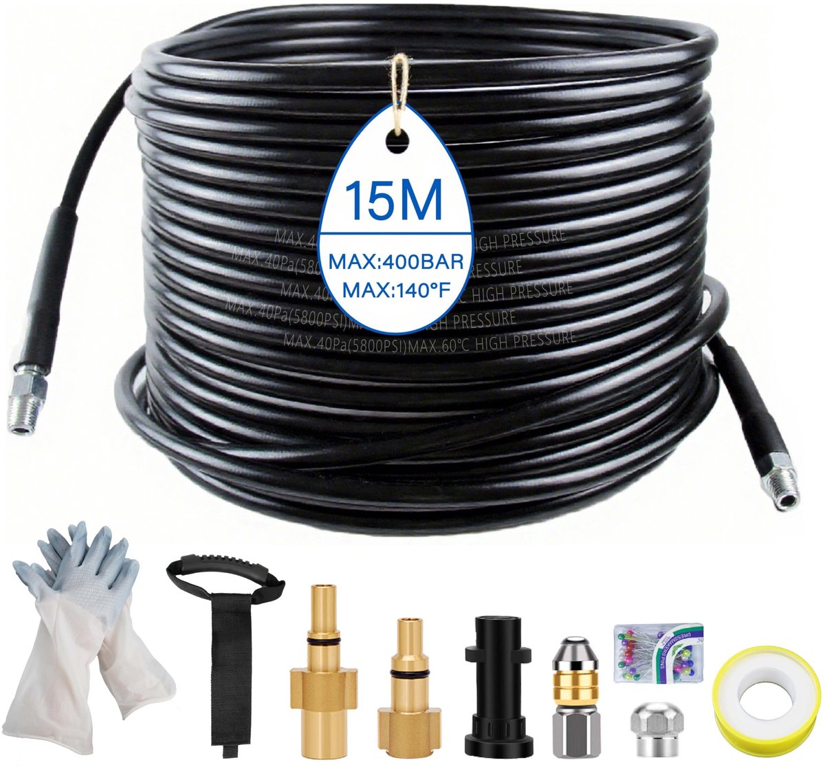 Elzusha - 15 m Hoge Druk Reinigingsslang - Compleet met adapters en nozzles