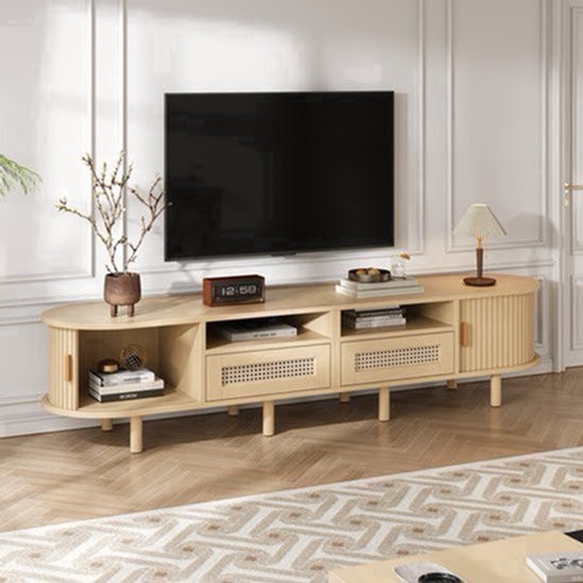 Tv-Meubel – Tv-Kast – Tv-Tafel – Dressoir – Media-Kast – Ovaal Design – 170x40x40 cm – 2 Rieten Lades & 2 Schuifdeuren – Geschikt Voor Tv Tot 70 Inch – Lichtgewicht Houtkleur