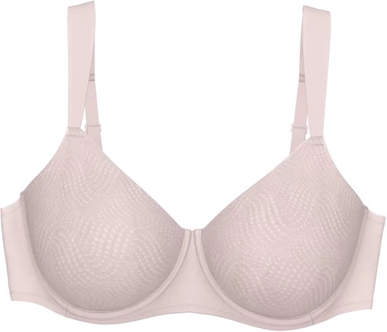 Een lichtroze minimizer bh met een ingeweven ruitpatroon en brede, vlakke bandjes, op witte achtergrond.