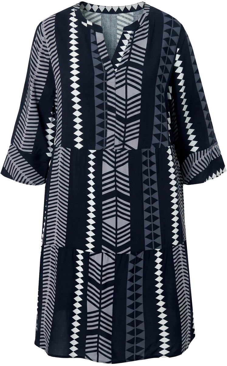 Ulla Popken Dames - Jurk grafische print tuniekhals 3/4-mouwen - Zwart - Maat 42+