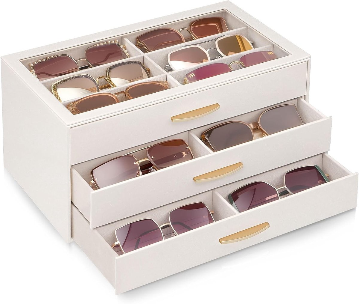 Zonnebrillendoos voor dames met brede vakken, elegant ontwerp en duurzame PU-materialen