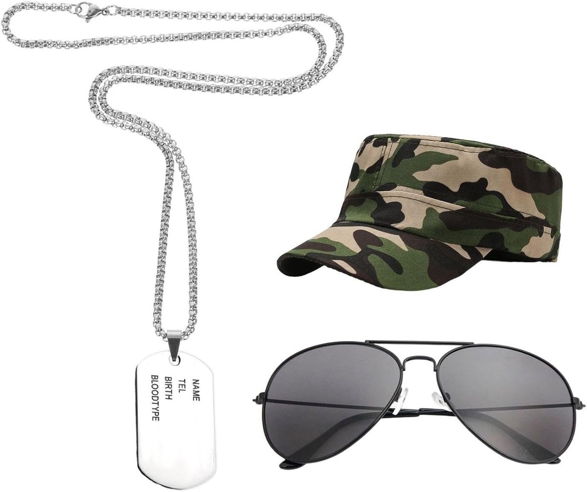 Camouflage Hoed, Zonnebril en Ketting - Verstelbare Outdoor Gear voor Cosplay en Kostuumaccessoires, Zilver, M