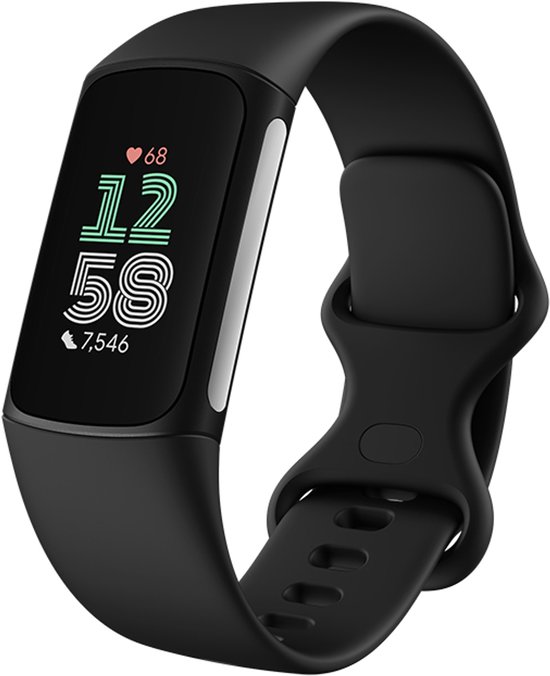 Zwarte Fitbit Charge 6 activity tracker met een helder scherm dat 12:58 weergeeft.