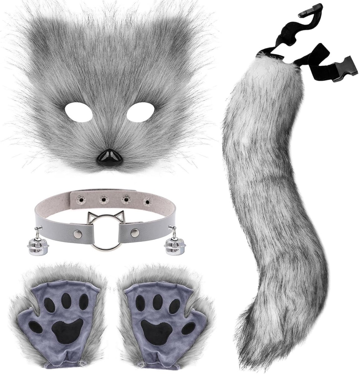 Fox Kostuum met Neppels, Pluche Fox Masker, Belletjes en Handschoenen voor Halloween en Carnaval Cosplay Feest
