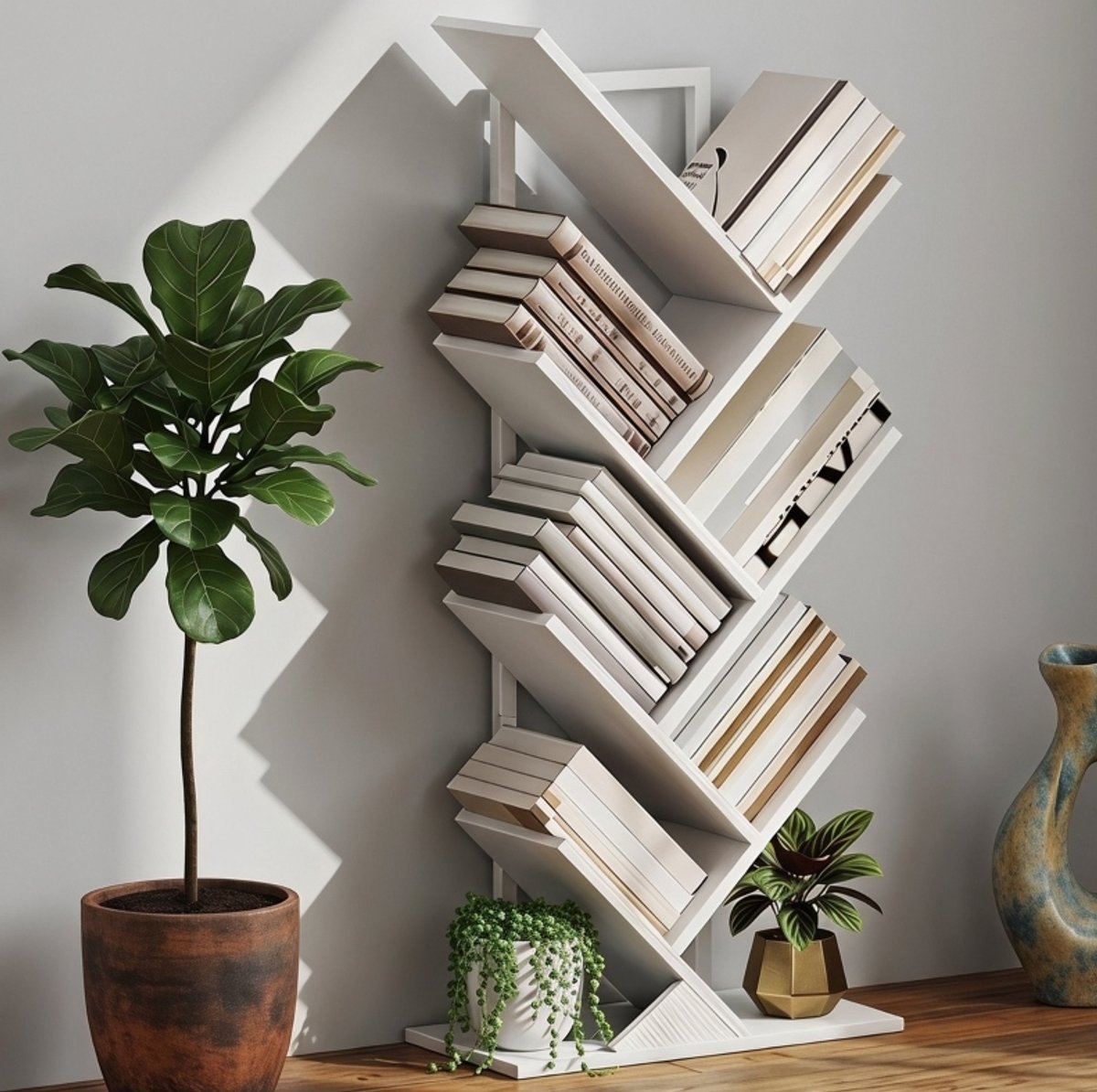 REDOM - Boekenkast - 7 niveaus - Boomvorm - Open kast - Industrieel - Kantoor - Hout en staal - Wit - 50 x 24 x 109 cm