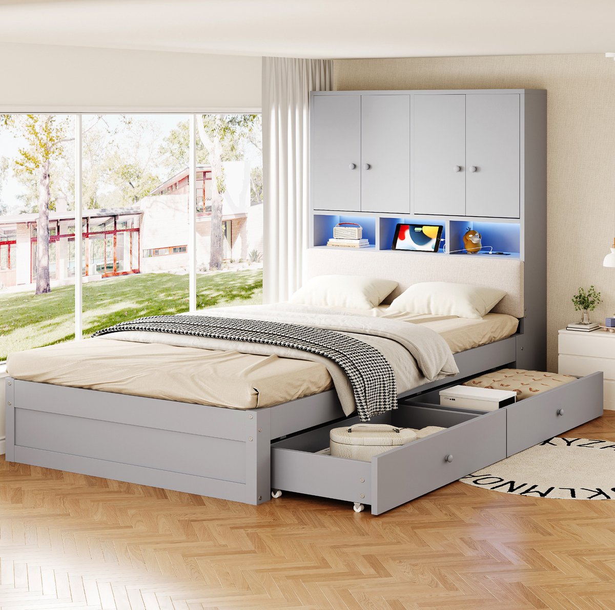 REDOM - Bed - Eenpersoonsbed 90 x 200 cm - Hoofdbord met opbergruimte - LED-verlichting en stekkerdoos - Hout - Grijs - 225 x 95 x 125 cm