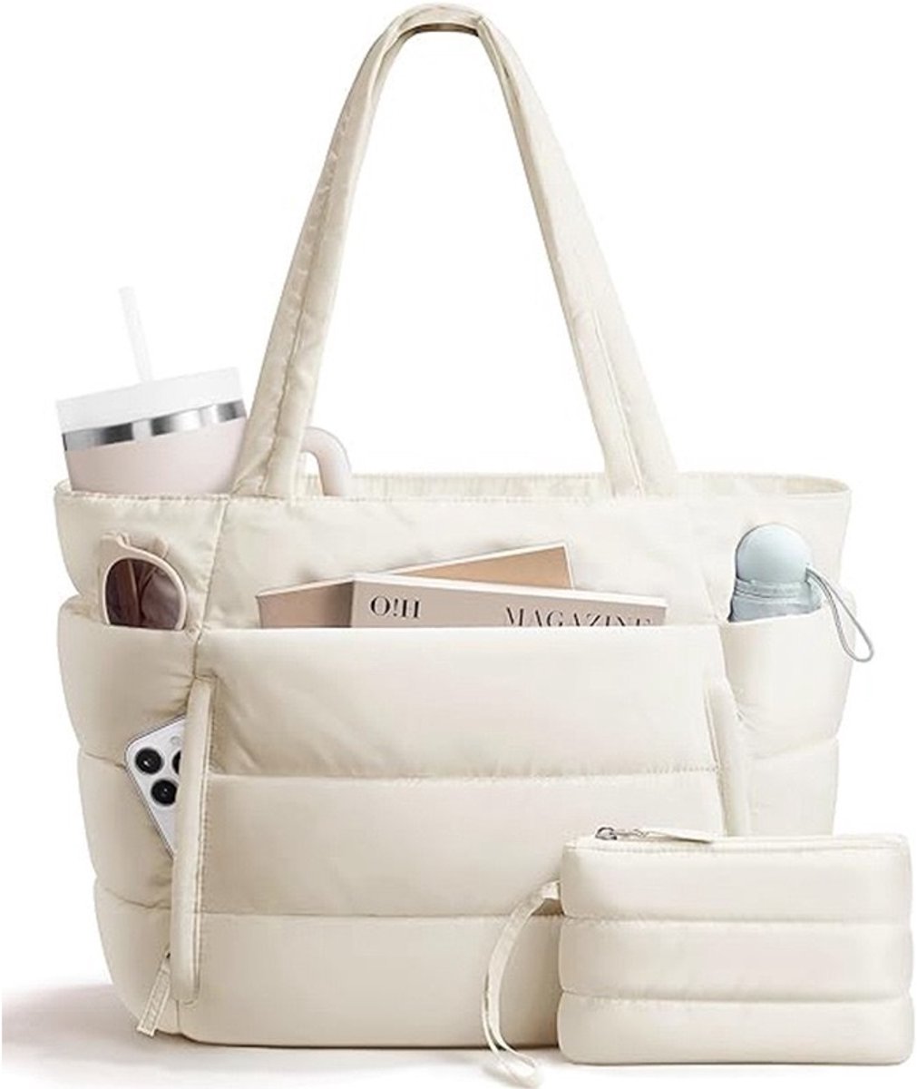 Gewatteerde tote tas voor vrouwen - grote capaciteit werk tas, pluizige wolken schoudertas, sport‑en fitness handtas, past voor 15,9 inch laptop met binnenvakken-Crème