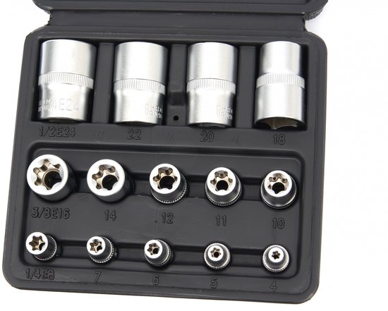 Gedetailleerde close-up van een 14-delige inwendige torx doppenset in een zwarte houder, met maten gegraveerd.