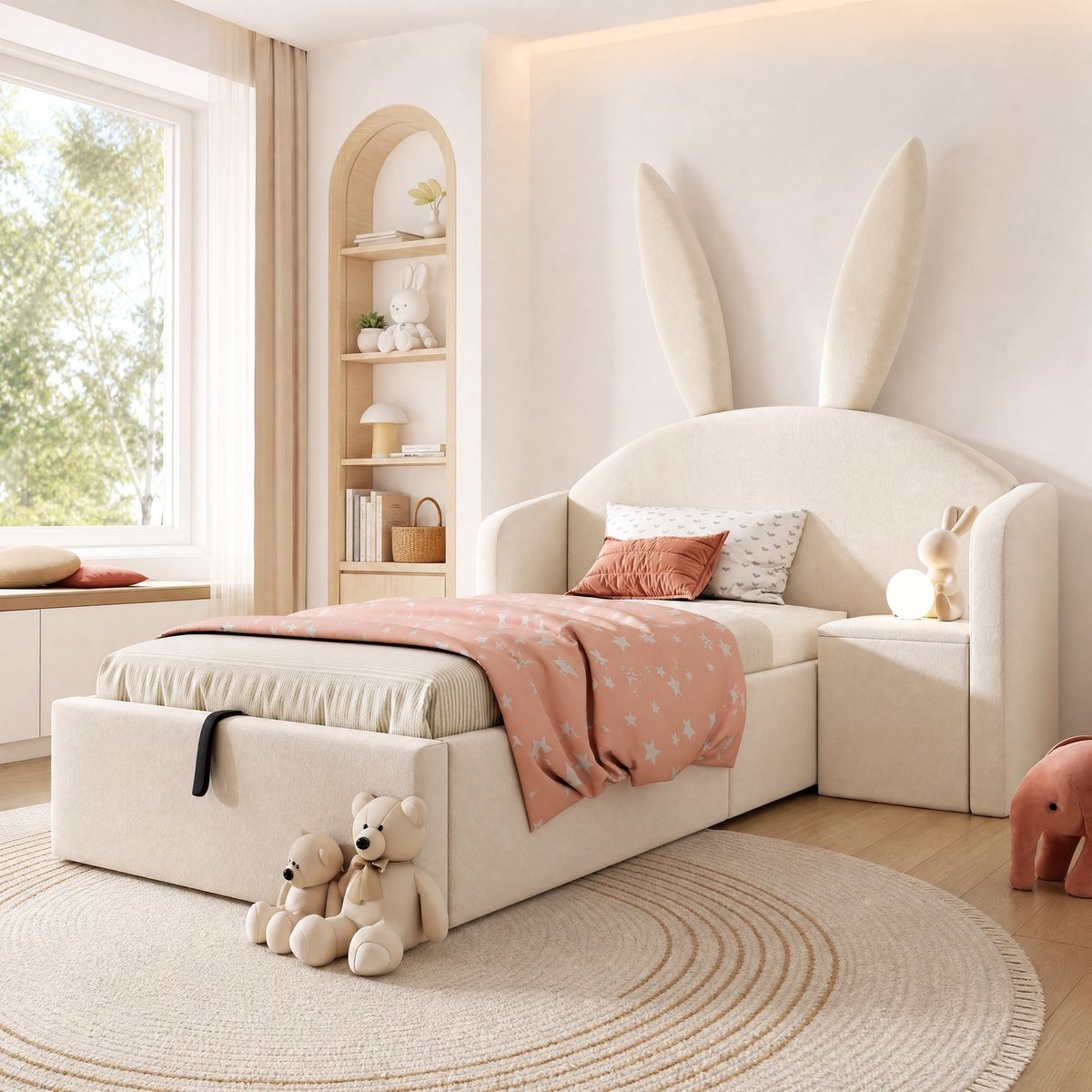 COVREO Polsterbed met hasenoren en opbergruimte – 206x149x143 cm – Kinderbed met nachtkastje – voor 90x190 cm – Beige - zonder matras