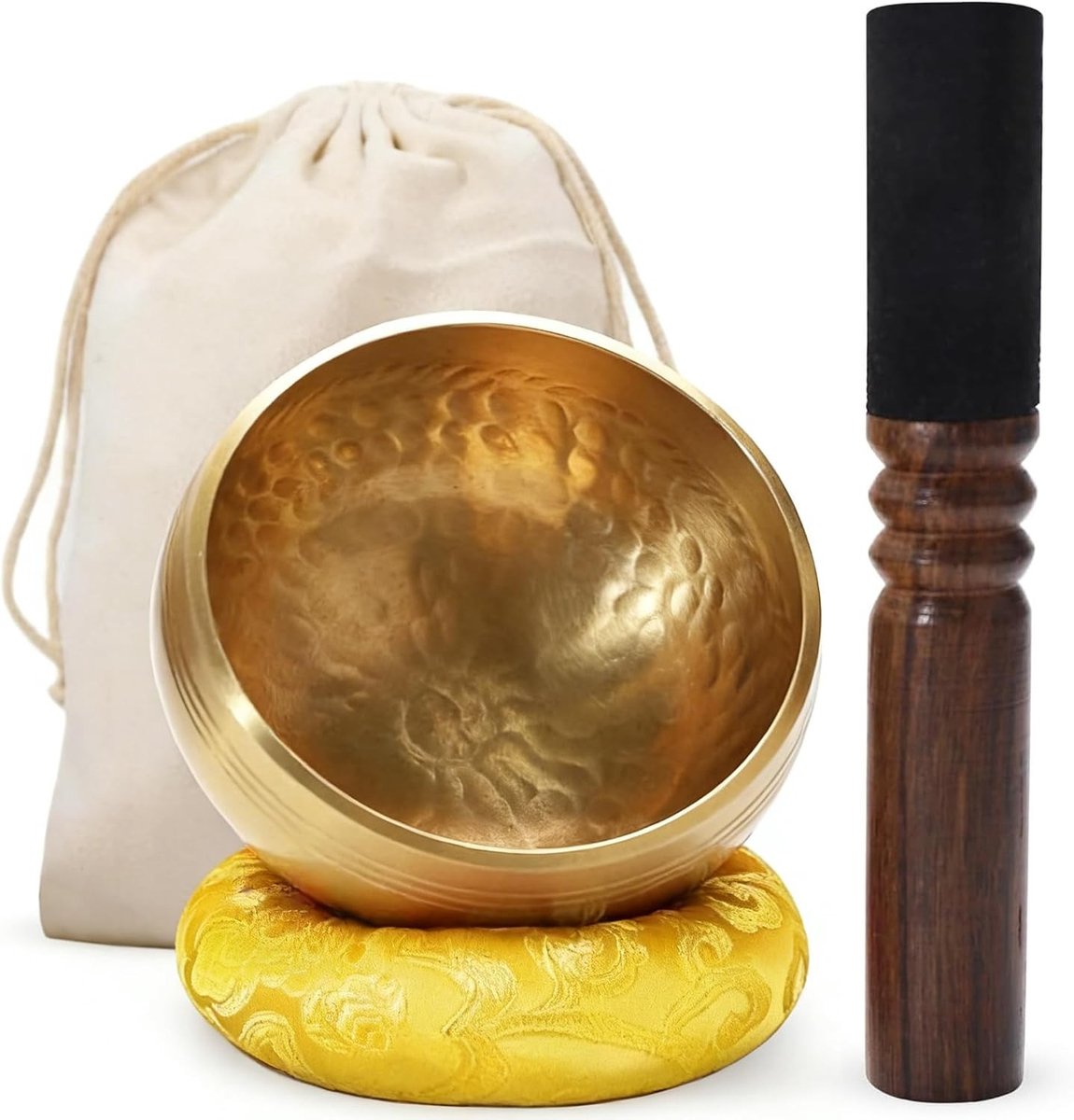 Handgemaakte 8 cm klankschaal set uit Nepal voor meditatie, yoga en ontspanning, inclusief houten klep en genezing accessoires
