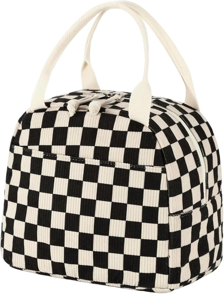 Herbruikbare Koeltas met Isolatie voor Volwassenen en Kinderen - Ideaal voor Lunch, Picknick en Reizen - Stijlvolle Corduroy Design in Zwart-Wit Ruitpatroon