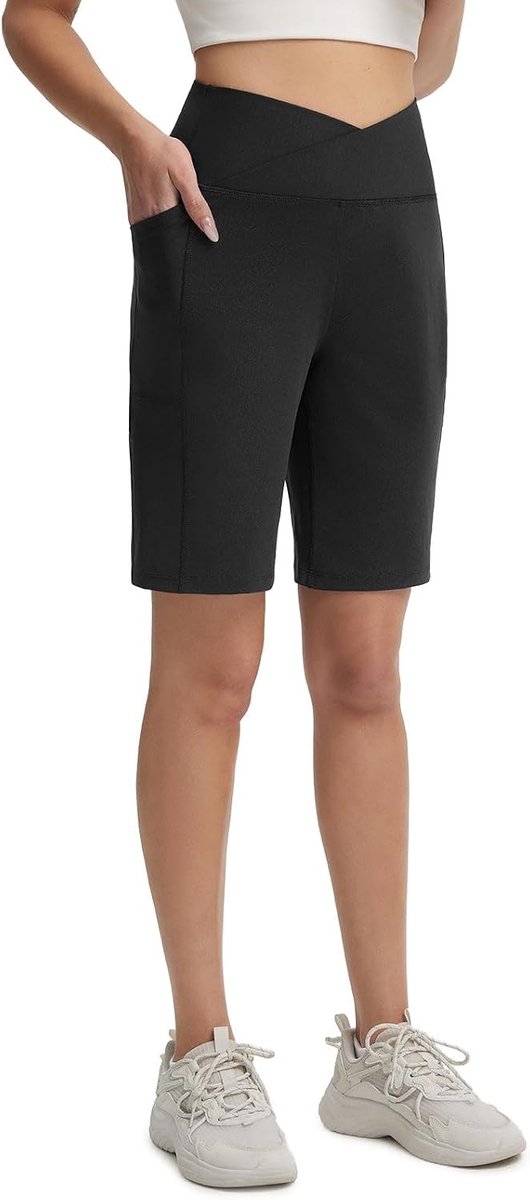 Dames Bermuda Shorts met Pockets, 23.5 cm, Hoge Taille, Ideaal voor Yoga en Wandelen, Zwart, Maat S