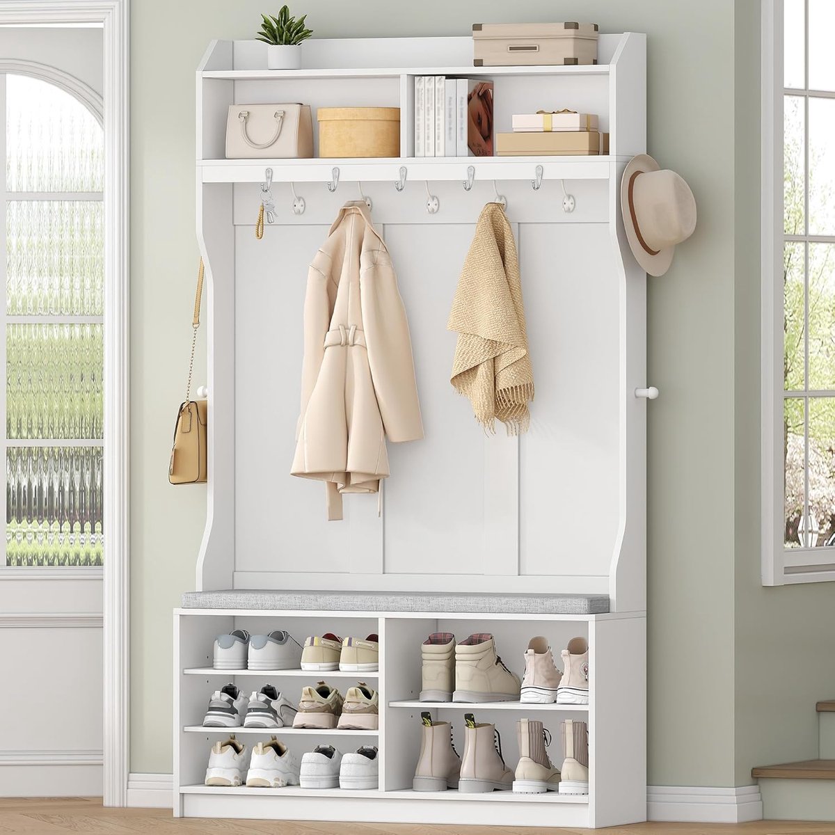 Kapstok 100x183x30 cm, multifunctioneel met schoenenrek, zitbank en 14 haken - Industrohome