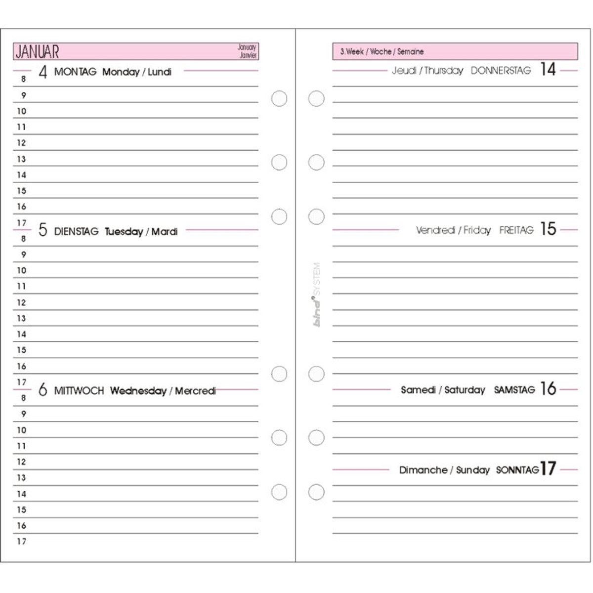 Bind vervangkalender A6 2027, 1 dag per pagina, zwart/roze