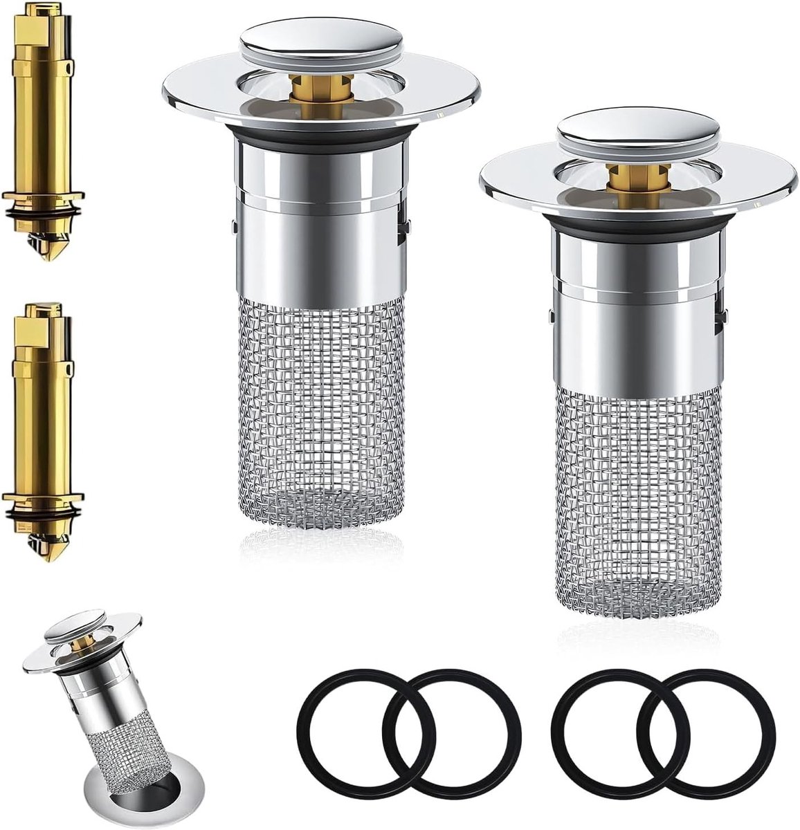 Afvoeraansluiting 34 - 40 mm, Afvoerplug met Haarfilter en Verwijderbaar Zeefje voor Keuken, Badkamer en Wastafel, Set van 2 Stuks