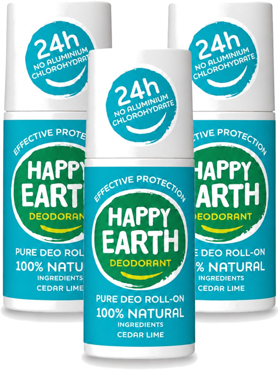 3 x Happy Earth – Deodorant Roll-On – 100% Natuurlijk Cedar Lime – 75 ml - Voordeelverpakking - 3 stuks