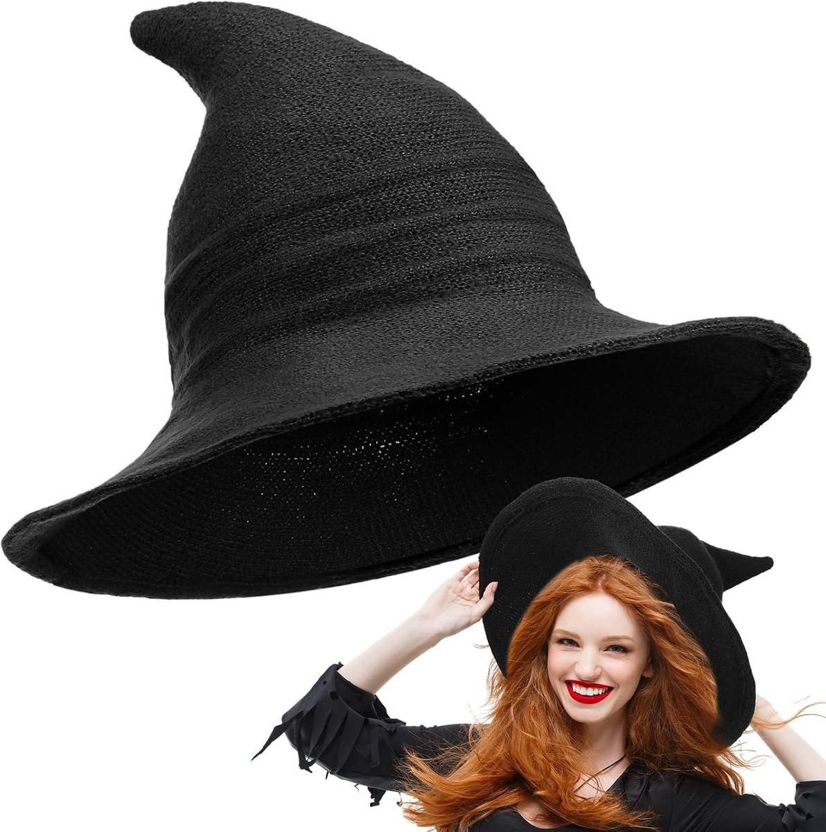 Vouwbare Brede Rand Gehaakte Heksenhoed van Vilt voor Vrouwen - Halloween Kostuum Accessoire, Feestelijke Outfit en Maskerade Decoratie