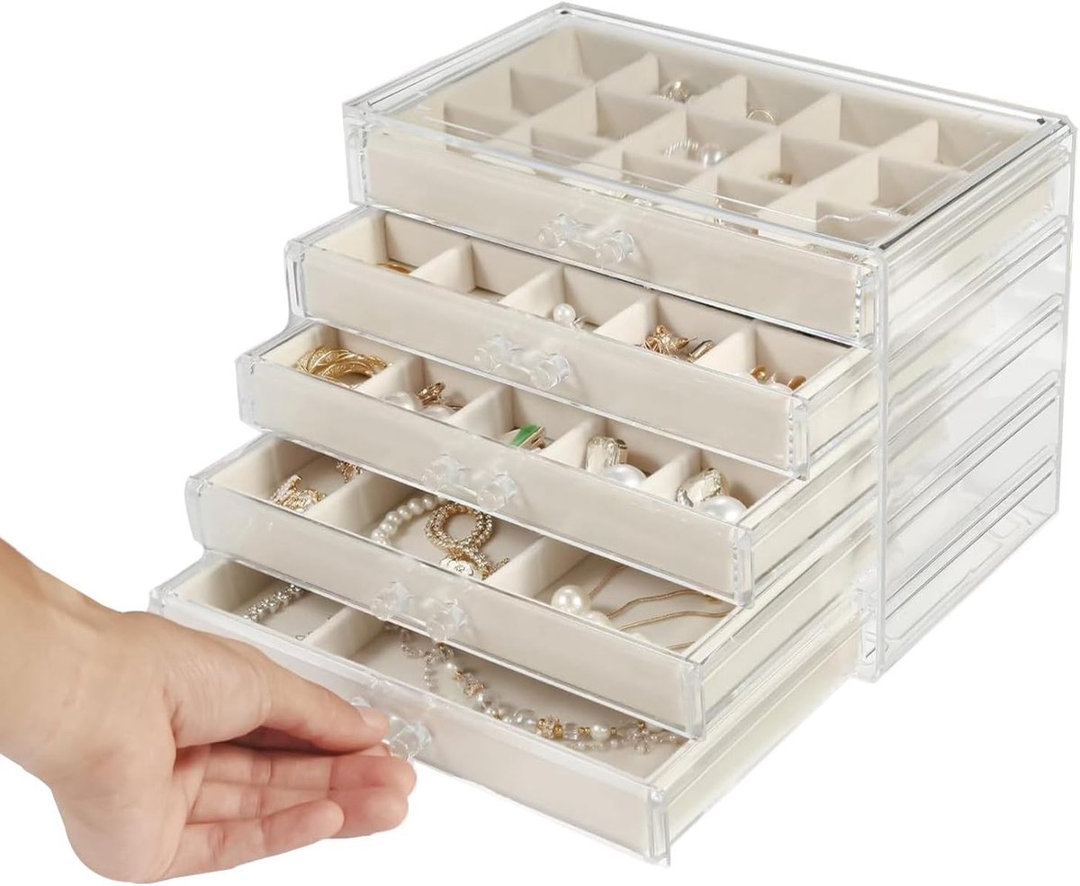 Sieraden Organizer met 5 Lades, Duidelijke Sieradenopslag voor Oorbellen en Ringen, Elegante Juwelenbox voor Vrouwen in Beige