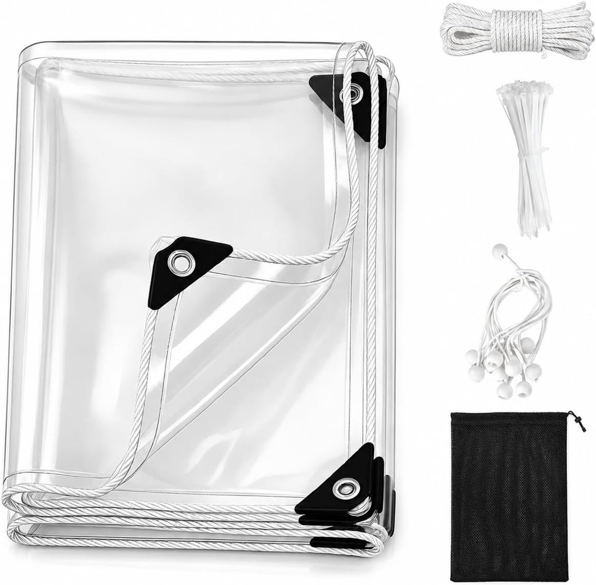 Robuuste Transparante Zeil van 240 g/m², 2 x 2 m, Waterdicht en UV-bestendig, Inclusief Touw en Bungee Koorden voor Tuin en Pergola