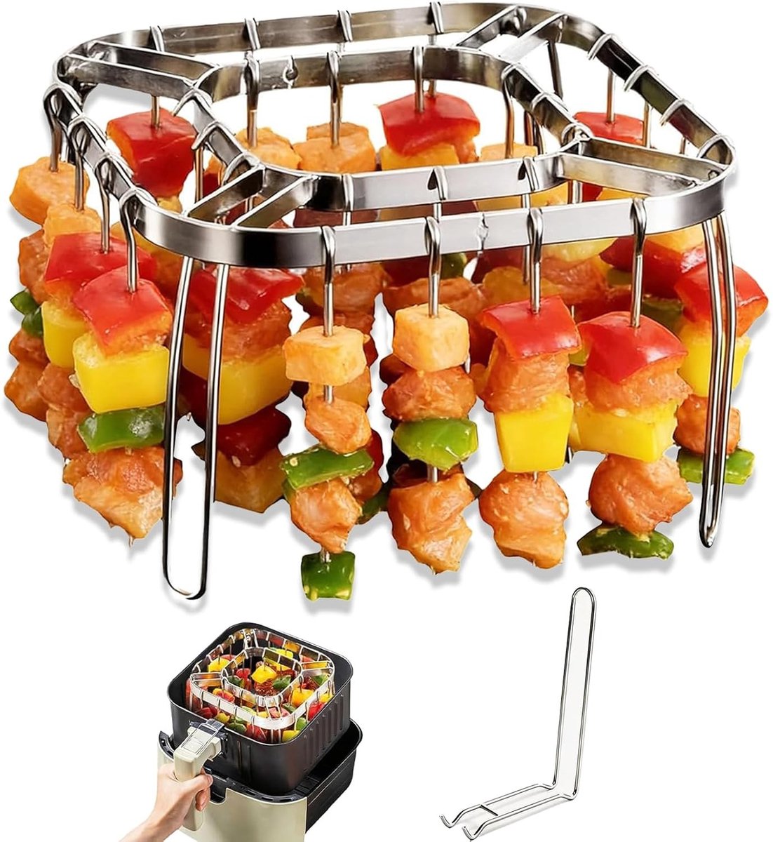 Vouwbare Accessoires voor het Frituren met Lucht, 28 RVS Spiesen, Grillrooster en Verticale Spiesen, Geschikt voor Oven en Airfryer, Geen Omkeren Nodig