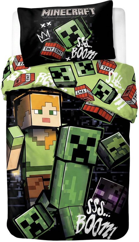 Dekbedovertrek met Minecraft personages Alex en Creeper, omringd door TNT-blokken en de tekst 'SSS... BOOM!'