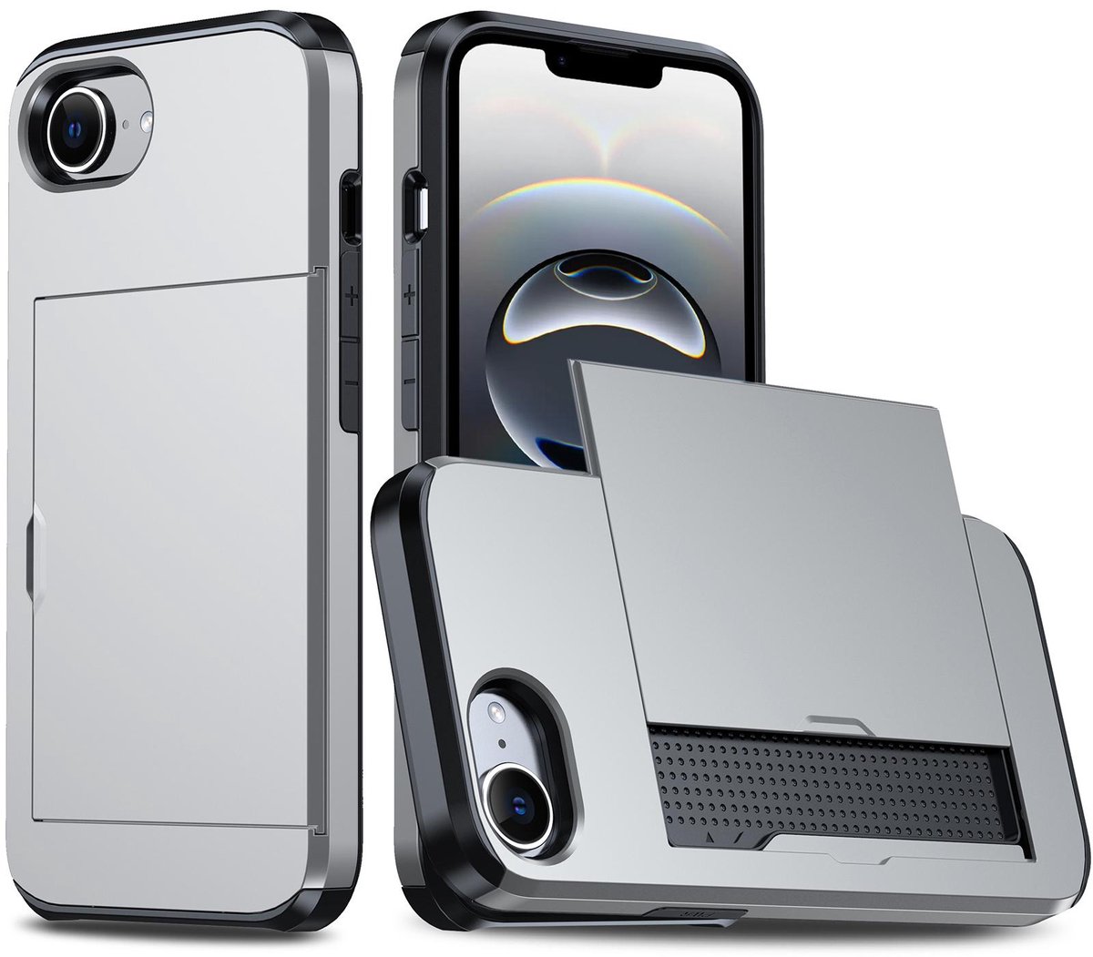 Shockproof Armor Case voor de Apple iPhone 16e / 17e met Kaartslot - Zilver