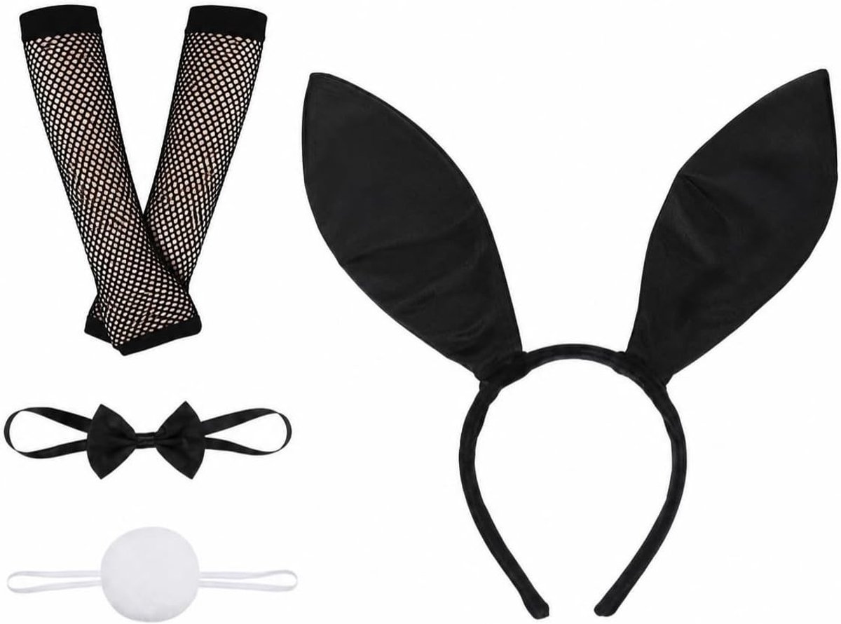 Vrouwelijk konijn kostuum met konijnenoren, haarband, strik, pluche staart en net handschoenen voor Halloween, carnaval en cosplay evenementen