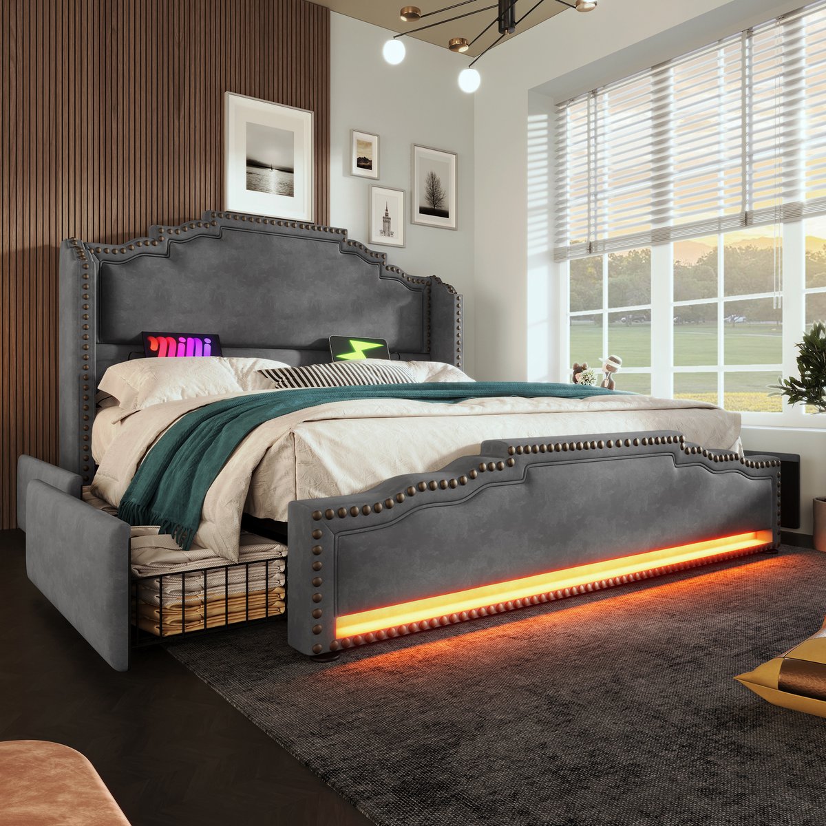 AURA LUMEN Gestoffeerd bed-Twijfelaarbed-140x200-cm-Bed-met-opbergruimte-Bed-met-LED-en-USB-C-Grijs