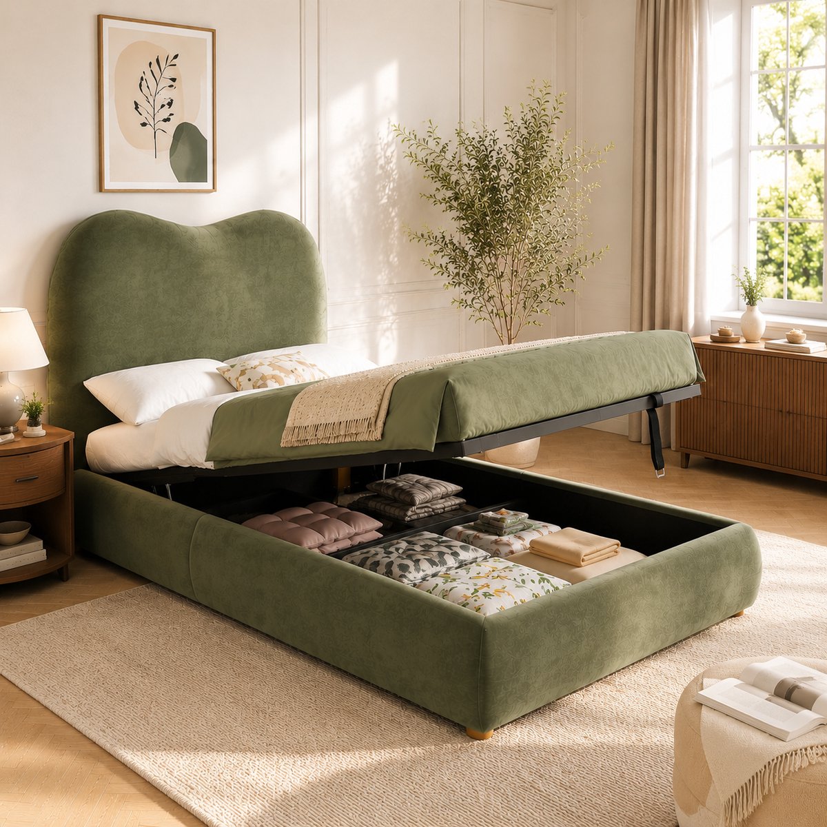 AURA LUMEN Gestoffeerd bed-Eenpersoonsbed-90 x 200 cm-Hydraulisch bed met opbergruimte-Gepolst hoofdbord-Velvet-Groen