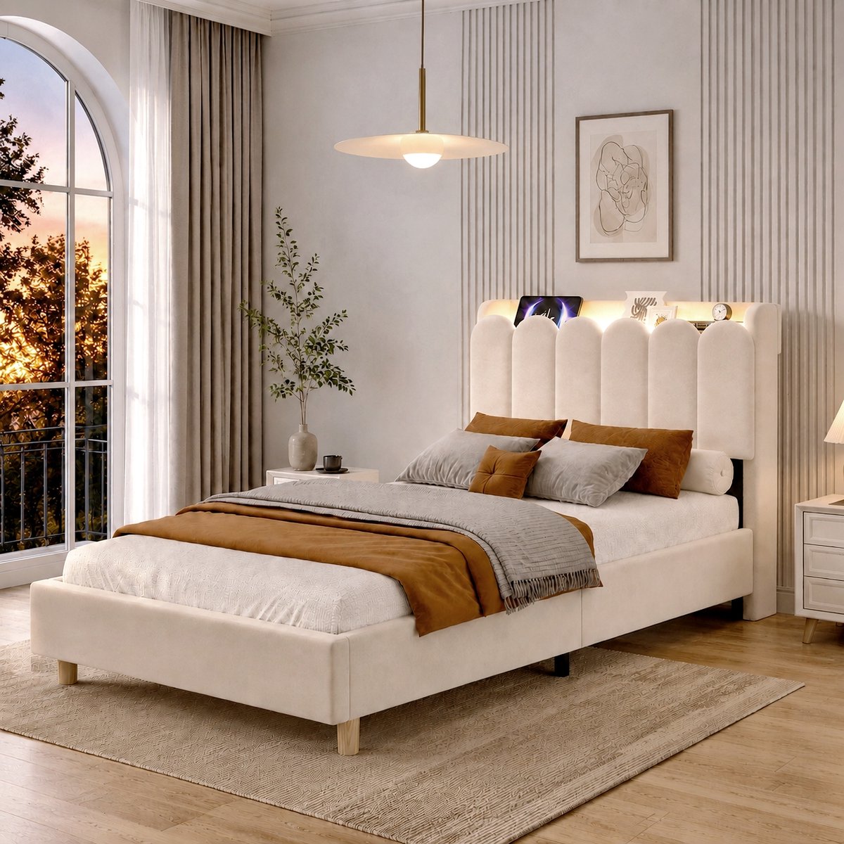 AURA LUMEN-Gestoffeerd bed-Eenpersoonsbed-90 x 200 cm-Bed met lades-Bed met LED en USB-beige