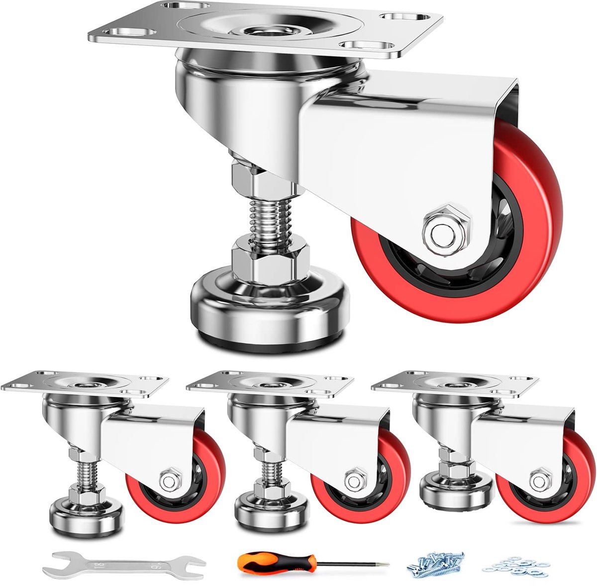 SnelShoppen - 7,6 cm Nivelleringsplaat Zwenkwielen met Verstelbare Anti-Vibratie Voetpad - Zware Zwenkwielen voor Werkbank, Machine, Meubels - Rood -