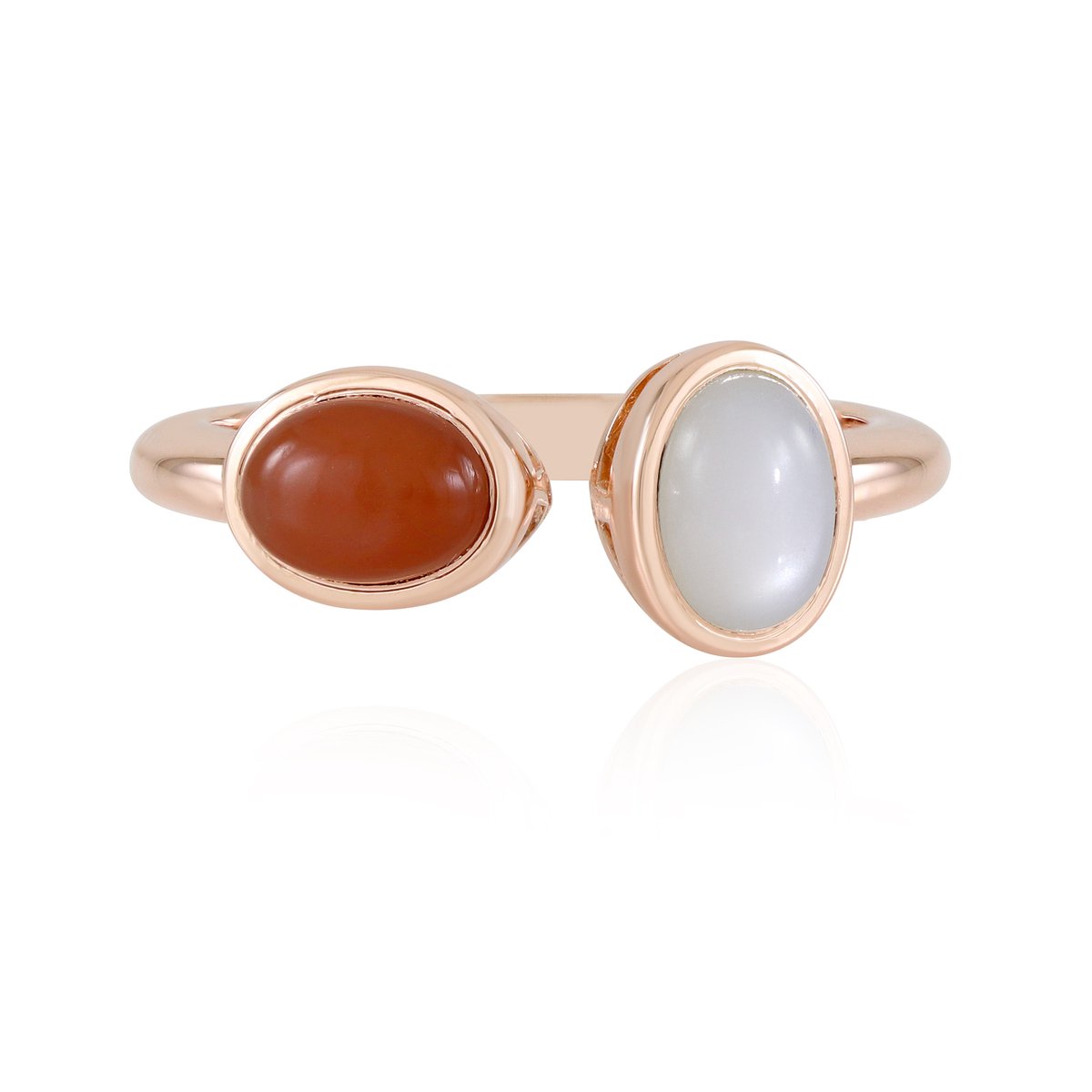 Cavill - Maansteen Ring 925 Sterling Zilver - Roségoud Vermeil - Ovale Witte & Chocolade Cabochon - Elegant Asymmetrisch Design
