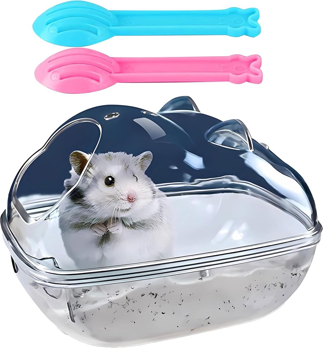 Transparante zandbad voor hamsters, demontabele container met 2 scheppen, toilet en anti-lek tray voor dwerghamsters, gerbils en kleine knaagdieren, ideaal voor verzorging en hygiëne