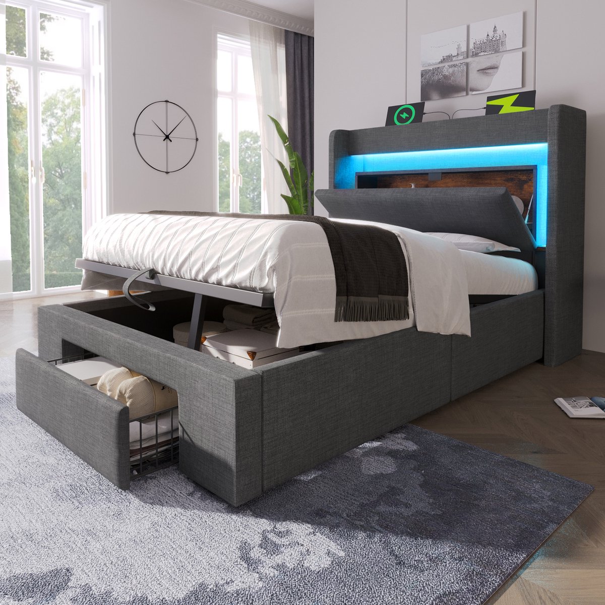 AURA LUMEN Gestoffeerd bed Eenpersoonsbed 90 x 200 cm met hydraulisch opbergbed lades LED-verlichting USB USB-C hoofdbord grijs leinen