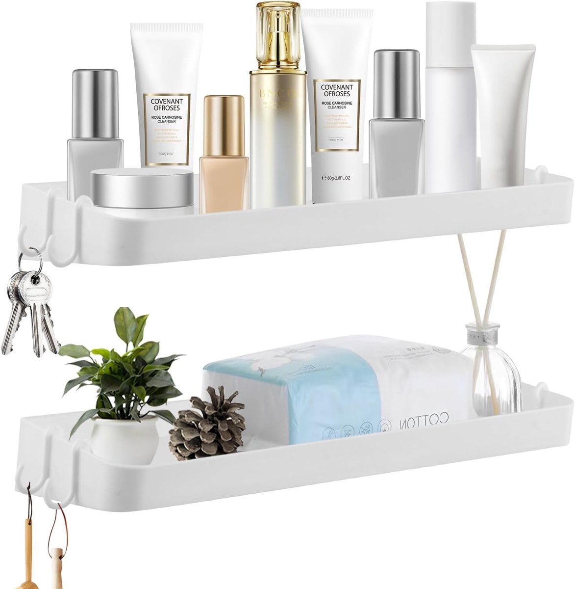 Zelfklevende Doucheplank zonder Boren - Set van 2 Badkamer Organizers met 8 Haken - 40 cm Wandplank voor Badkamer en Keuken, Wit, Ruimtebesparend en Functioneel