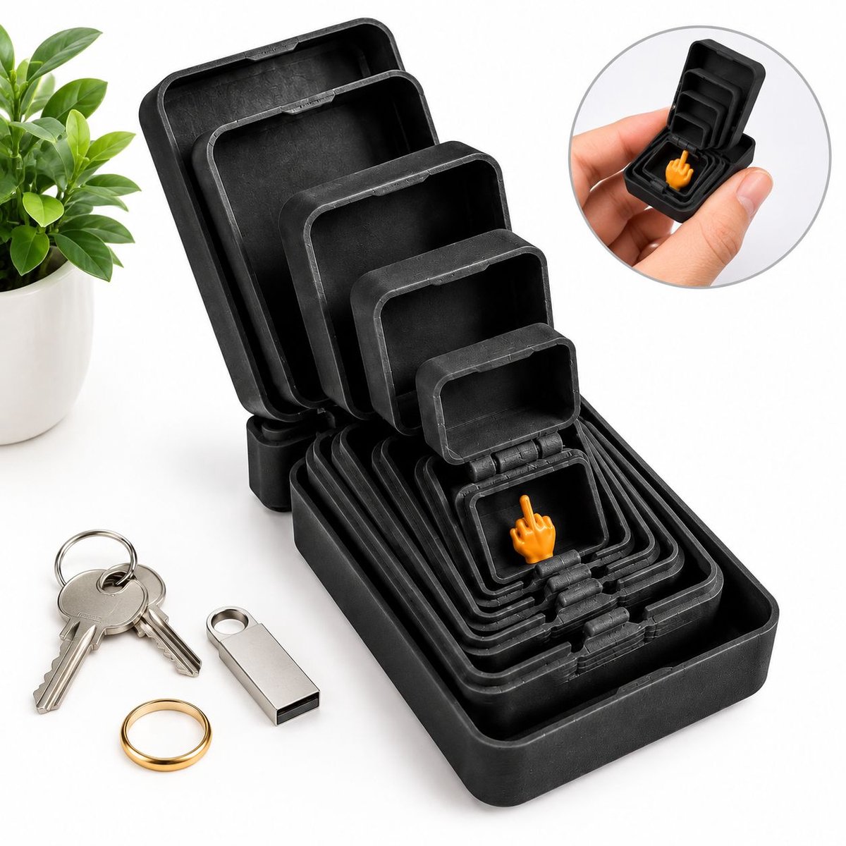 VHV - 6-laags nestelbare cadeaudozen - Middelvinger in een doos - Cadeaugrap met een doos in een doos - Fop artikelen - Grappige cadeaus - Geneste irriterende cadeaudoos voor verjaardag, kerst & grappige cadeaus