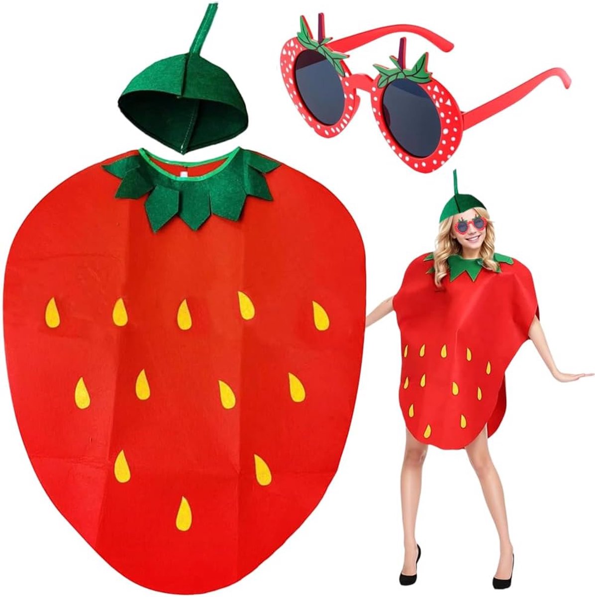 Adult Strawberry Costume and Strawberry Shape Sunglasses Set (2 Pieces), Cute Red Fruit Cosplay Outfit, Strawberry - ShopVlot