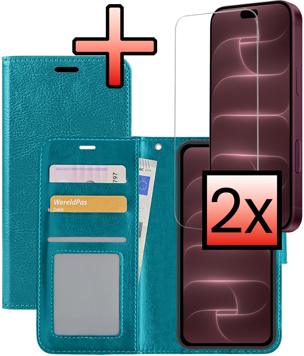 Hoesje - Met 2x Screenprotector - Geschikt voor Apple iPhone 18 Pro - Luxe Pasjeshouder - Bookcase Portemonee - Flip Case - Kunstleer Book Case - Flipcase Hoes - Book Cover - Walletcase - Portemonneehoes - Turquoise