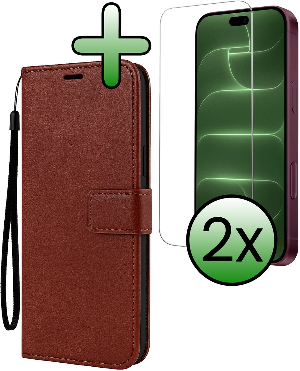 Hoesje Met 2x Screenprotector - Geschikt voor Apple iPhone 18 Pro - Luxe Pasjeshouder - Bookcase Portemonee - Flip Case - Kunstleer Book Case - Flipcase Hoes - Book Cover - Walletcase - Portemonneehoes - Bruin