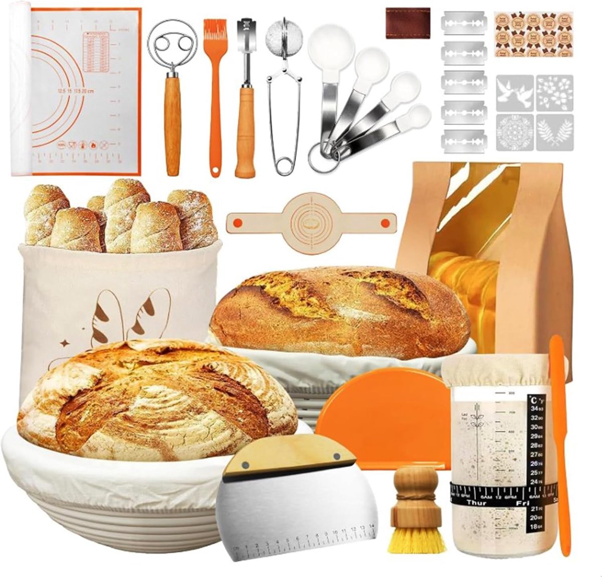 Zuurdeeg starterset 42-delig - gistmanden van rotan - inclusief deeggarde en messen - perfect voor elke bakker - ShopVlot