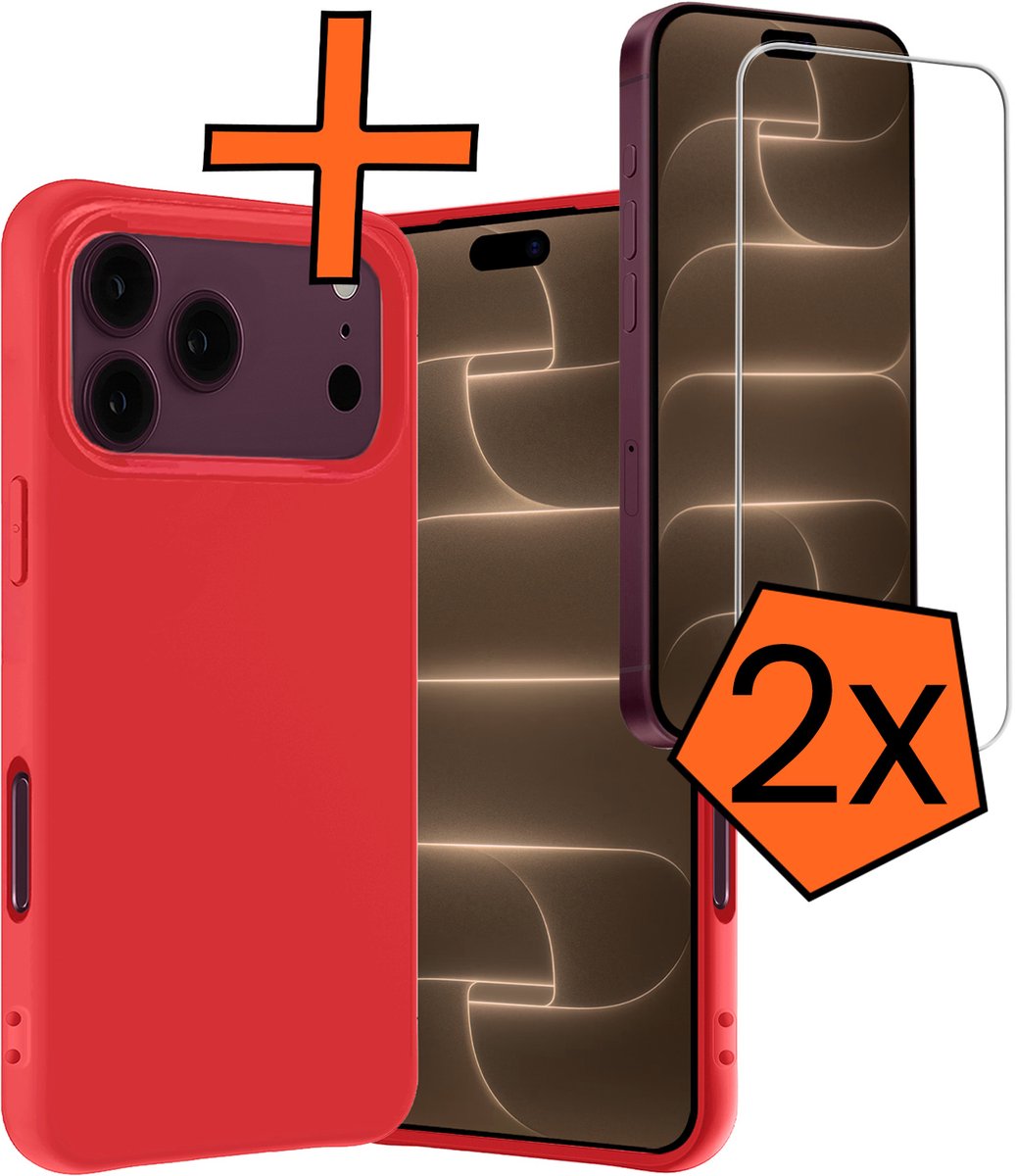 Hoes - Met 2x Screenprotector - Geschikt voor Apple iPhone 18 Pro - Sterk & Shockproof - Back Cover - Siliconen Case - Telefoon Hoes - Rood