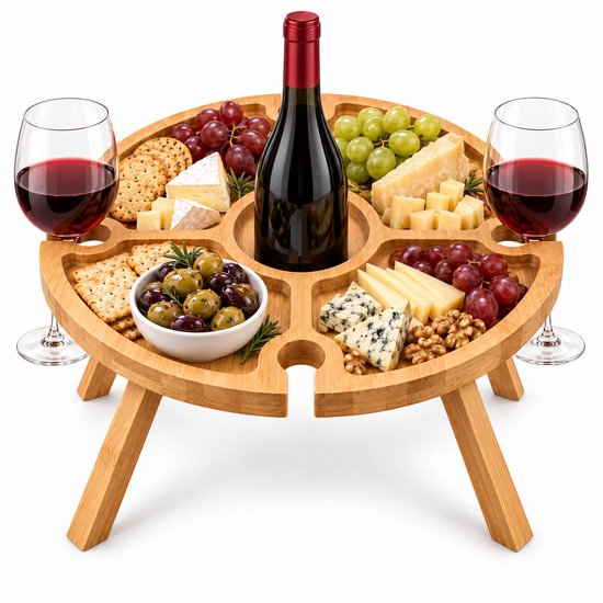 Houten picknicktafel met diverse kazen, druiven, olijven, crackers, noten, fles rode wijn en twee glazen.