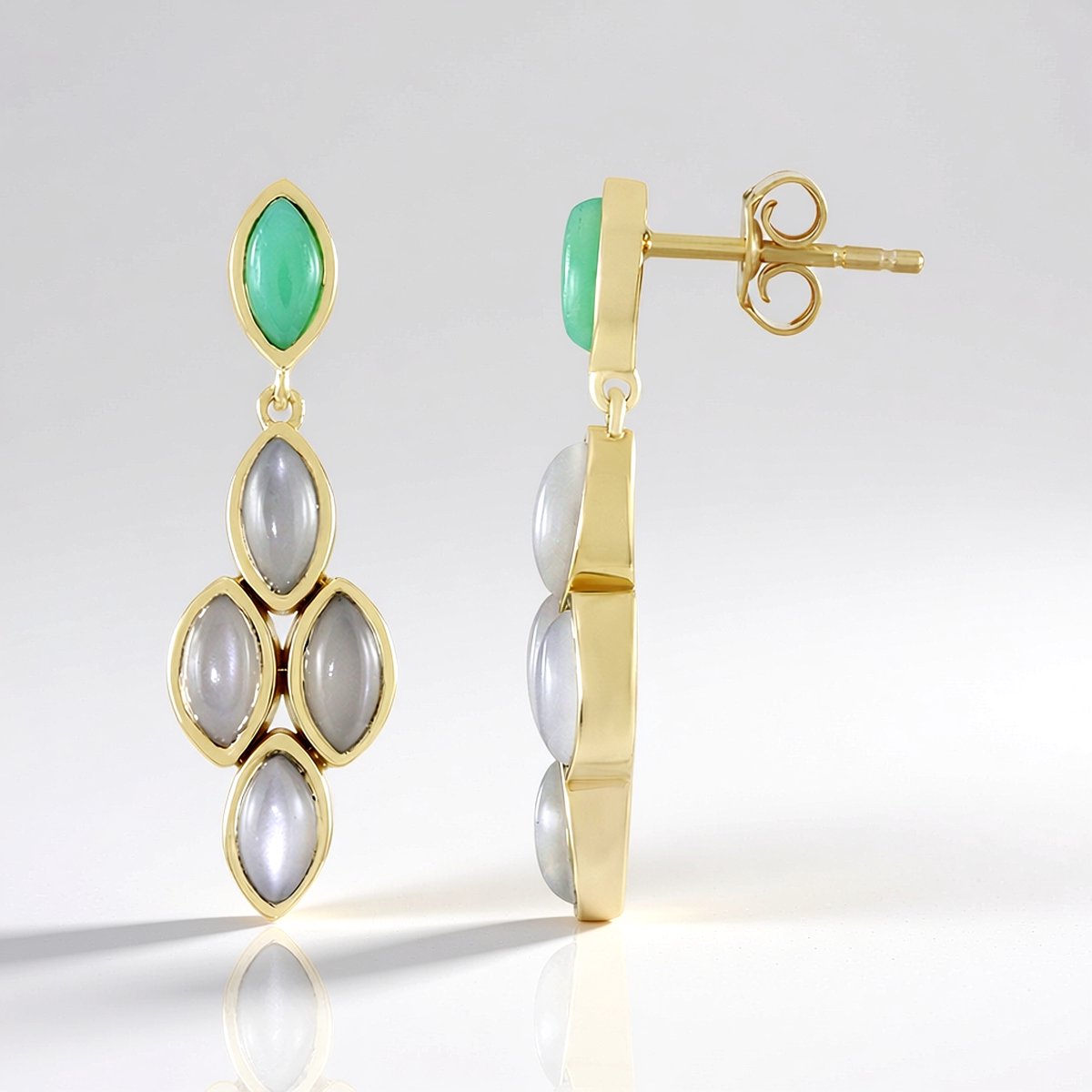 Cavill - Zilveren oorbellen 925 sterling zilver verguld - Chrysopraas 0.54ct & Witte maansteen 2.16ct - Marquise cabochon elegant moderne sieraden